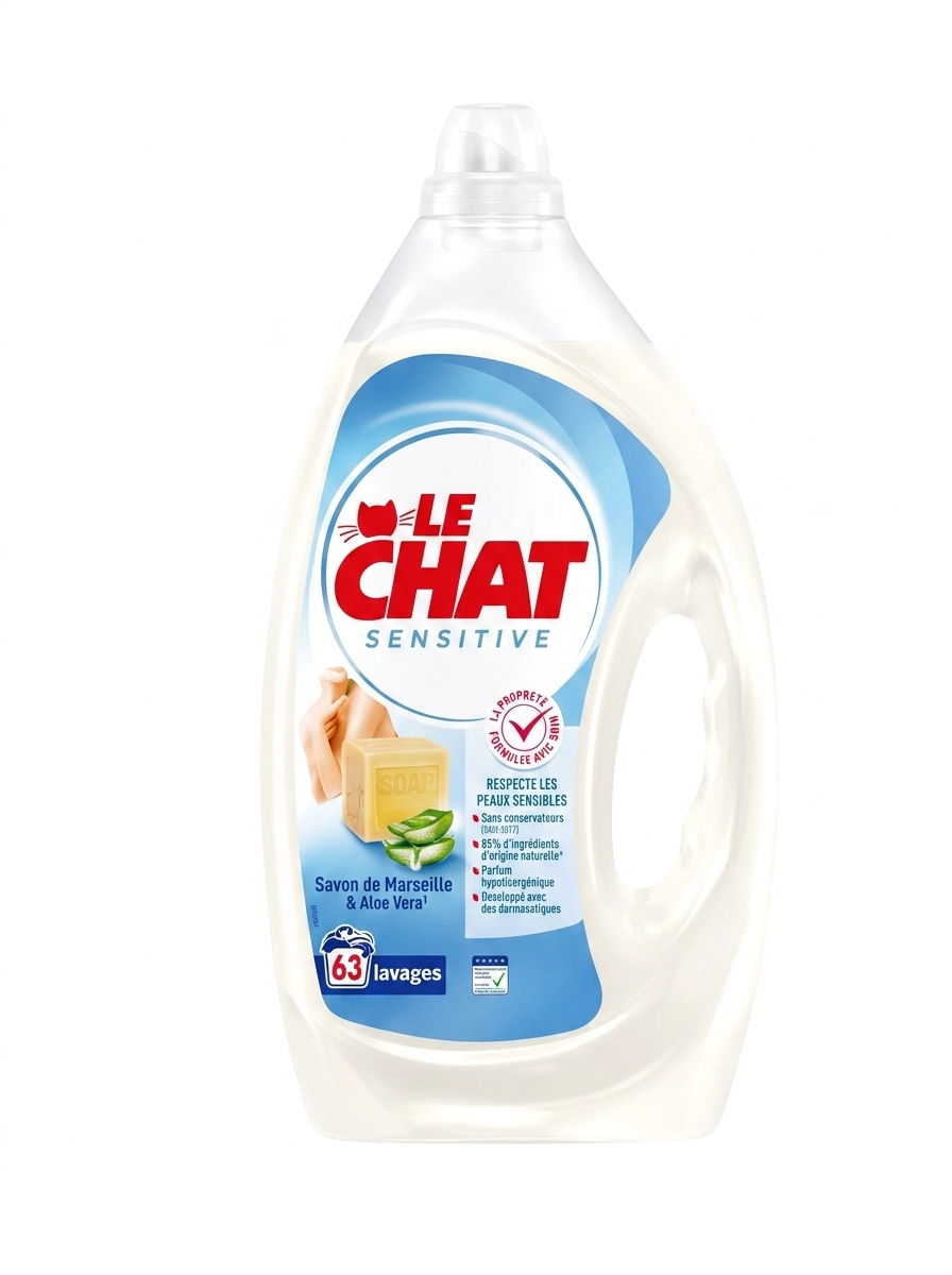 Le Chat lessive liquide sensitive au savon de Marseille 2,835 L 63 Lavages disponible chez Paris Kin Shopping à Kinshasa
