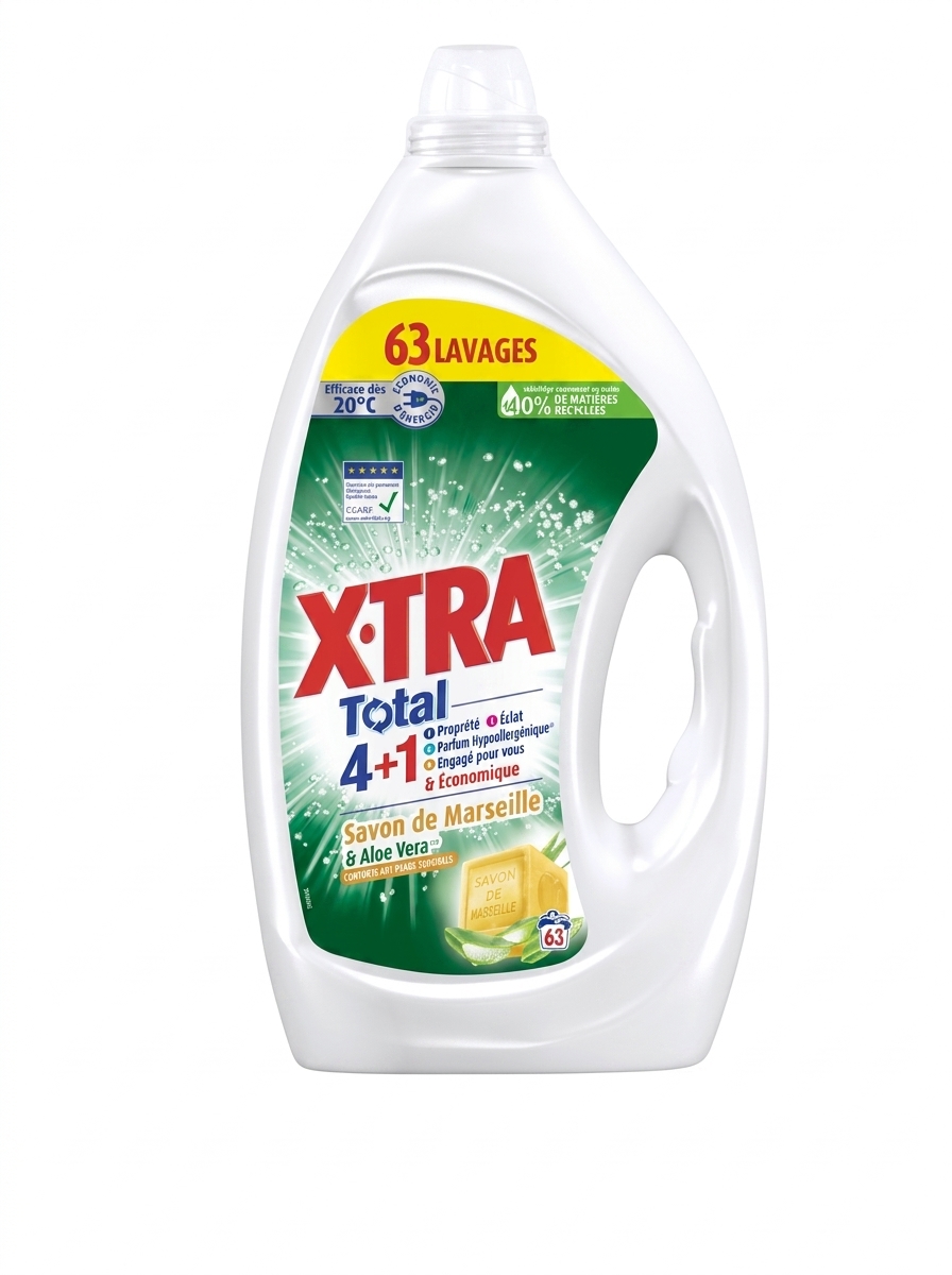 X-Tra lessive liquide au savon de Marseille 63 Lavages disponible chez Paris Kin Shopping à Kinshasa