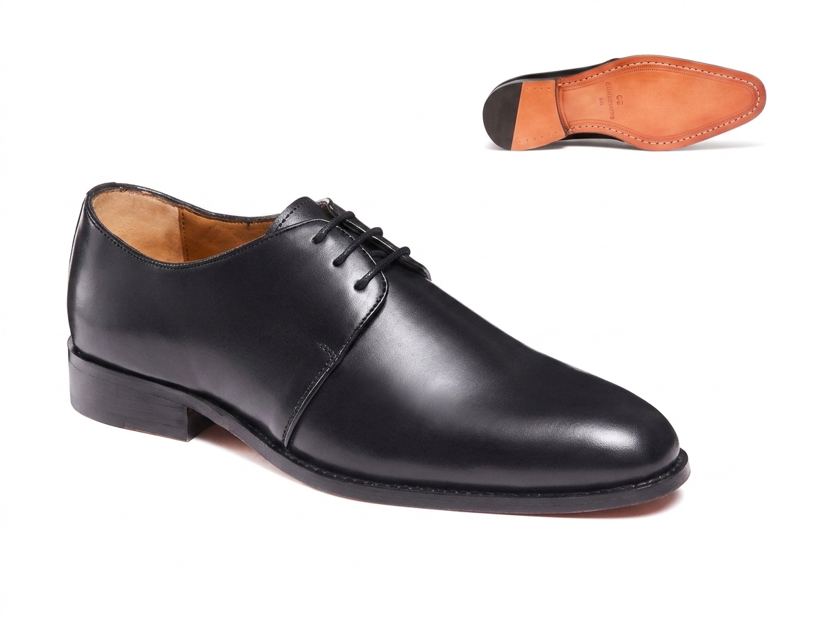Guillemets – Derbies Christie noirs, semelle cuir cousue Blake disponible chez Paris Kin Shopping à Kinshasa