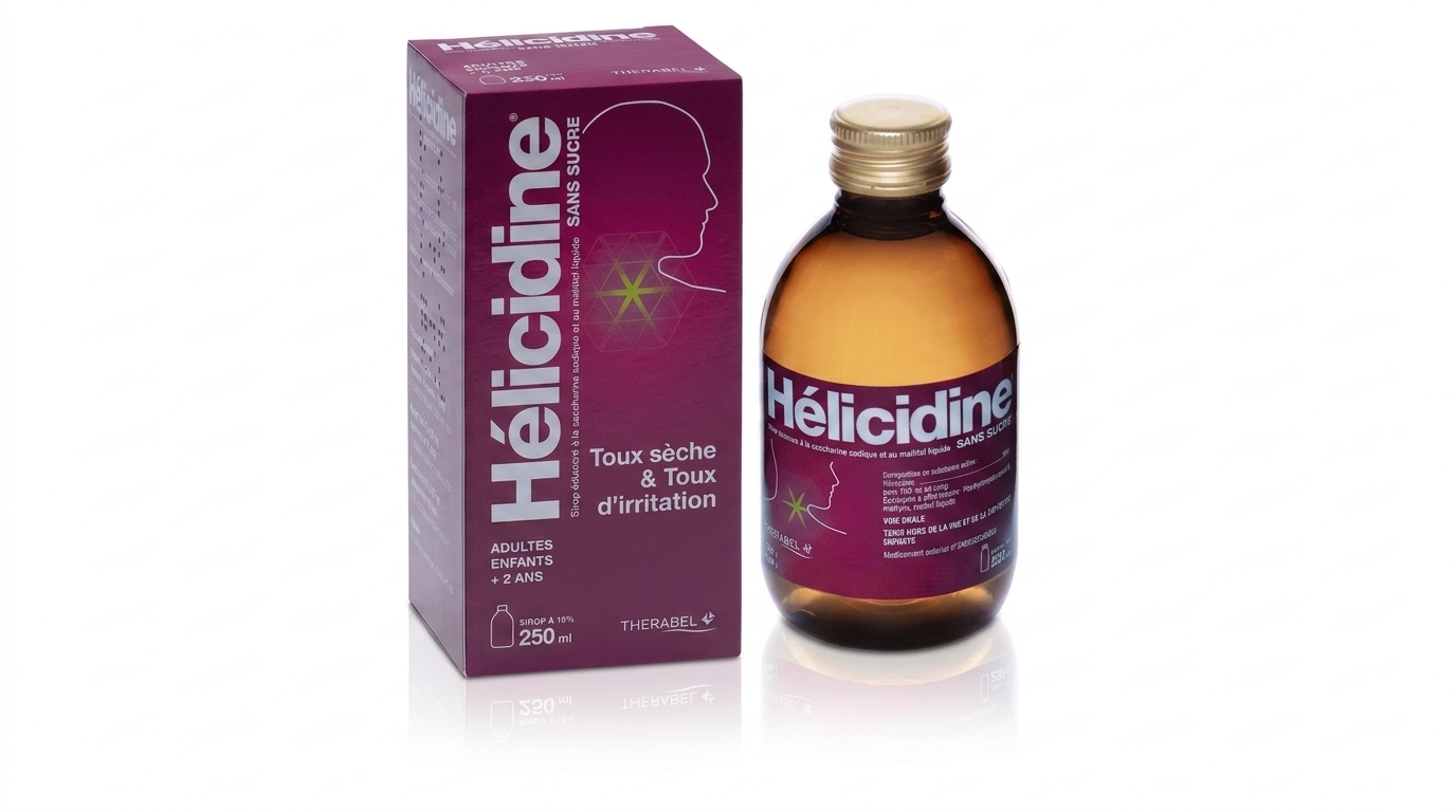Hélicidine 10 % sans sucre Sirop 250 ml disponible chez Paris Kin Shopping à Kinshasa