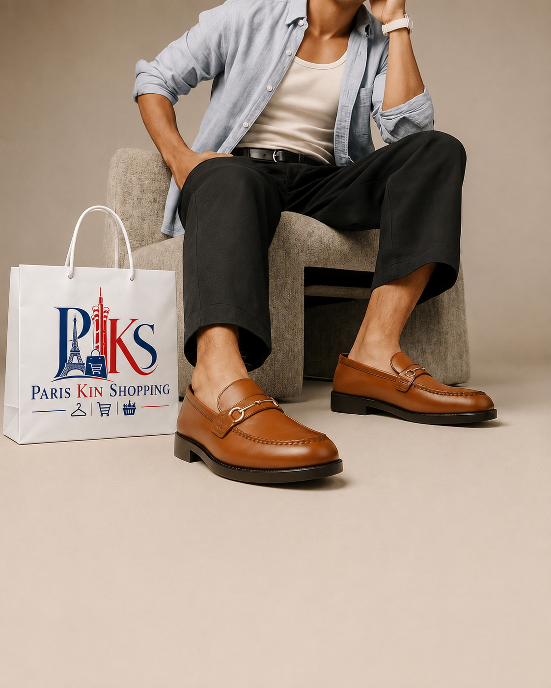 Homme élégant avec mocassins en cuir et sac Paris Kin Shopping